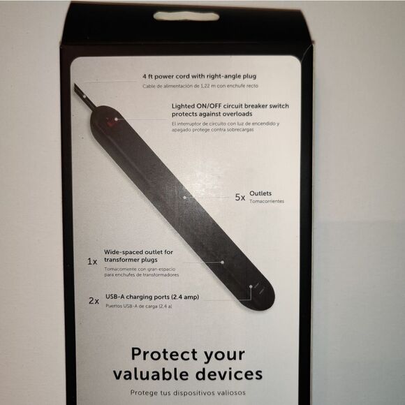 New Globe Electric 4' 6 Outlet Extension Cord Black 2 USB Surge Protector NIB - Picture 4 of 10